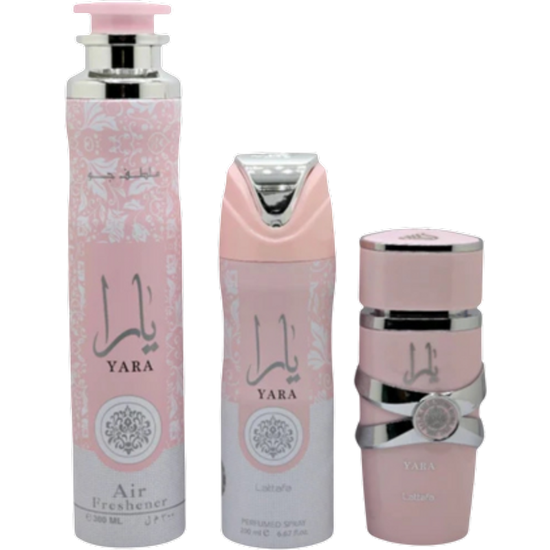 Lattafa Yara Gift Set 100ml Eau De Parfum, 300ml Air Freshener & 200ml Perfumed Spray