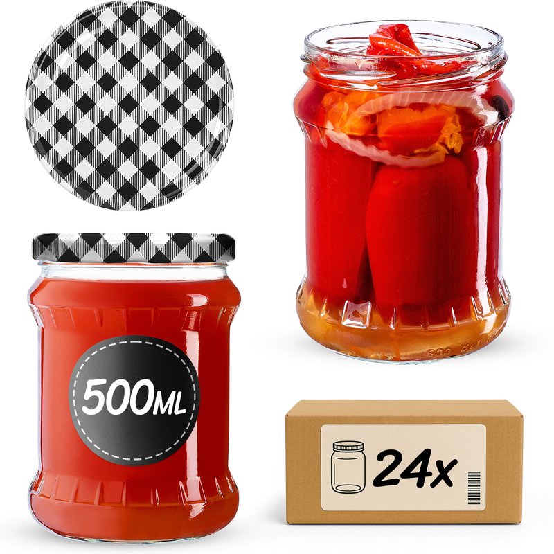 Słoiki na przetwory Kisko 500ml 24szt fi 82 mm + wieczka "Czarna Krata"