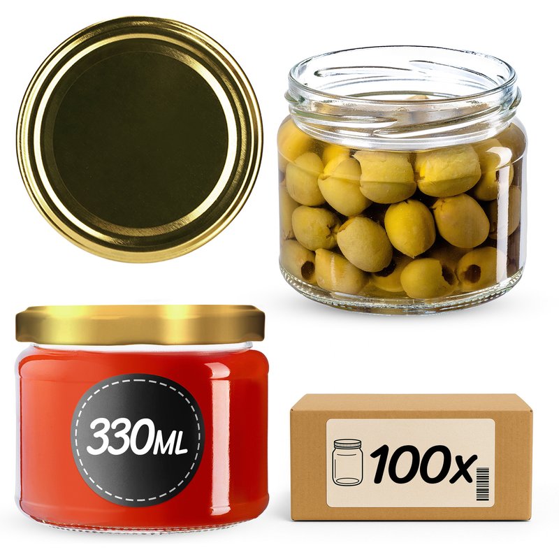 Słoiki na przetwory Sonka 330ml 100szt fi 82 mm + wieczka złote
