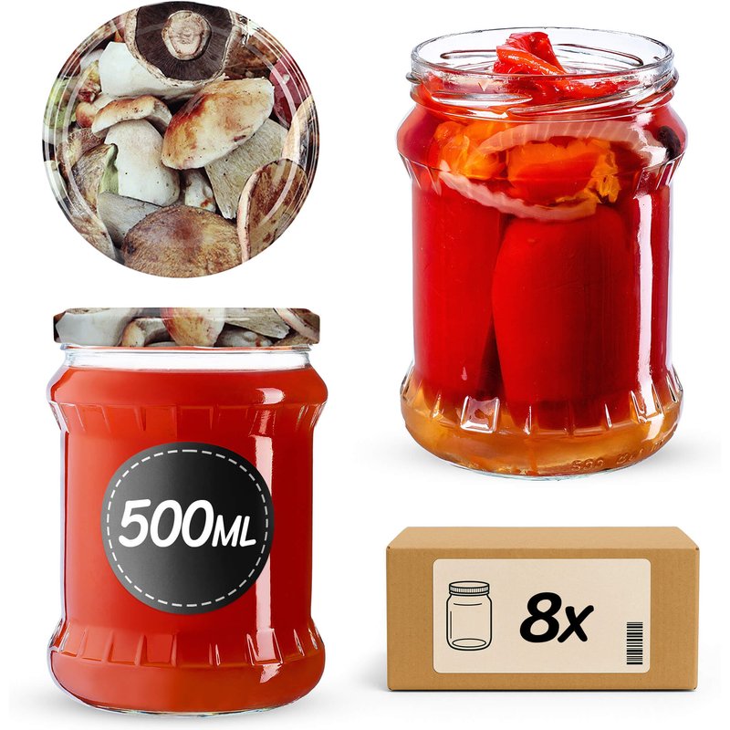 Słoiki na przetwory Kisko 500ml 8szt fi 82 mm + wieczka "Grzyby"