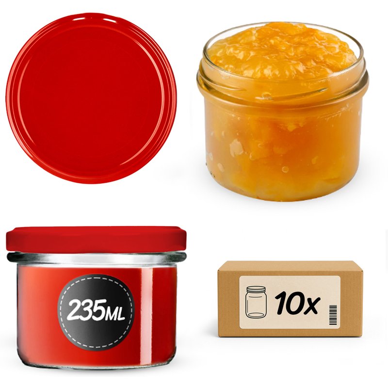Słoiki na przetwory Tartu 235ml 10szt fi 82 mm + wieczka czerwone