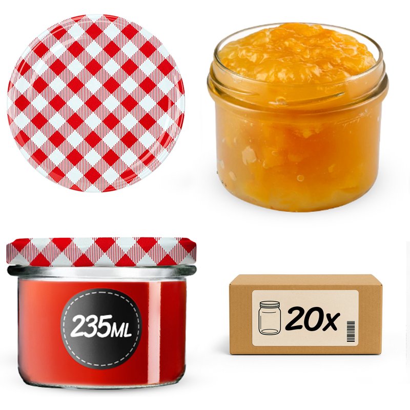 Słoiki na przetwory Tartu 235ml 20szt fi 82 mm + wieczka "Czerwona krata'