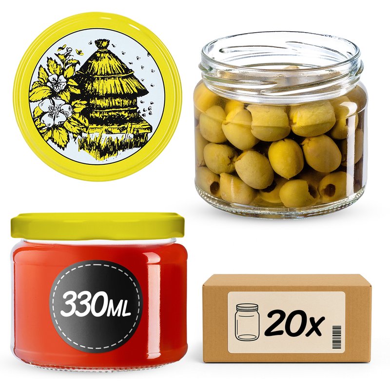 Słoiki na przetwory Sonka 330ml 20szt fi 82 mm + wieczka "Pszczoły"