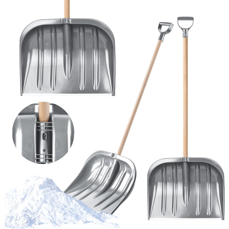 Łopata do śniegu 132 cm, srebrna drewniany trzonek