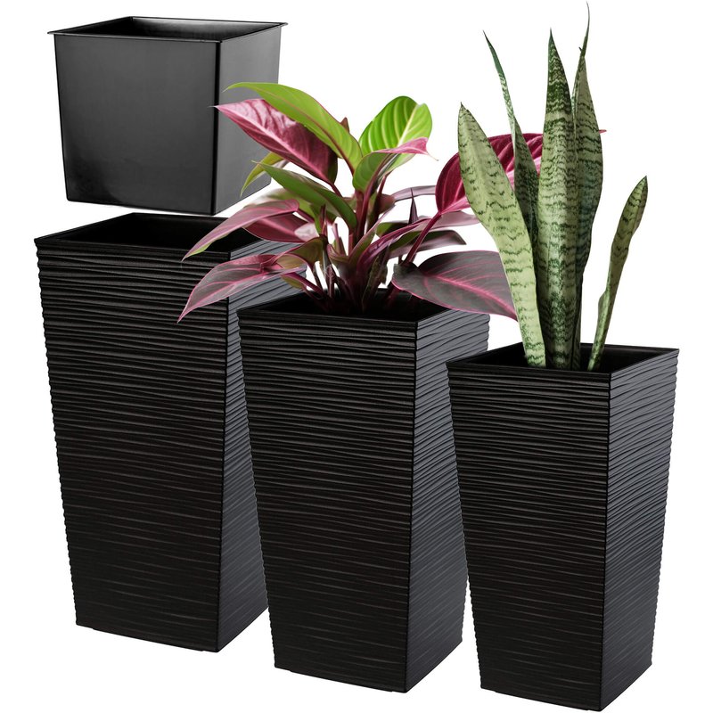 Donice na kwiaty z wkładem Tuluza dłuto 19 cm + 25 cm + 30 cm, czarne