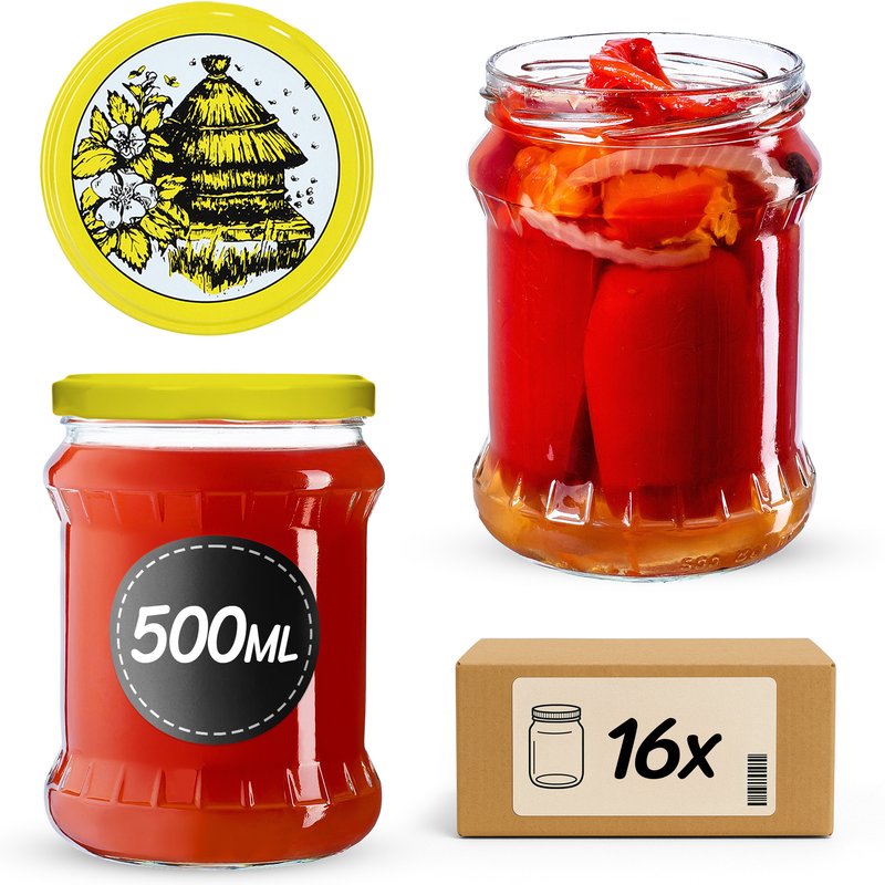 Słoiki na przetwory Kisko 500ml 16szt fi 82 mm + wieczka "Pszczoły"