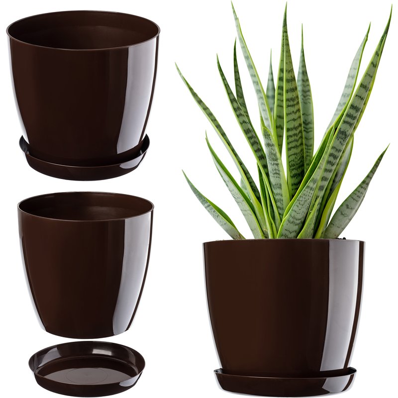 Doniczka na kwiaty z podstawką 14 cm, brązowa