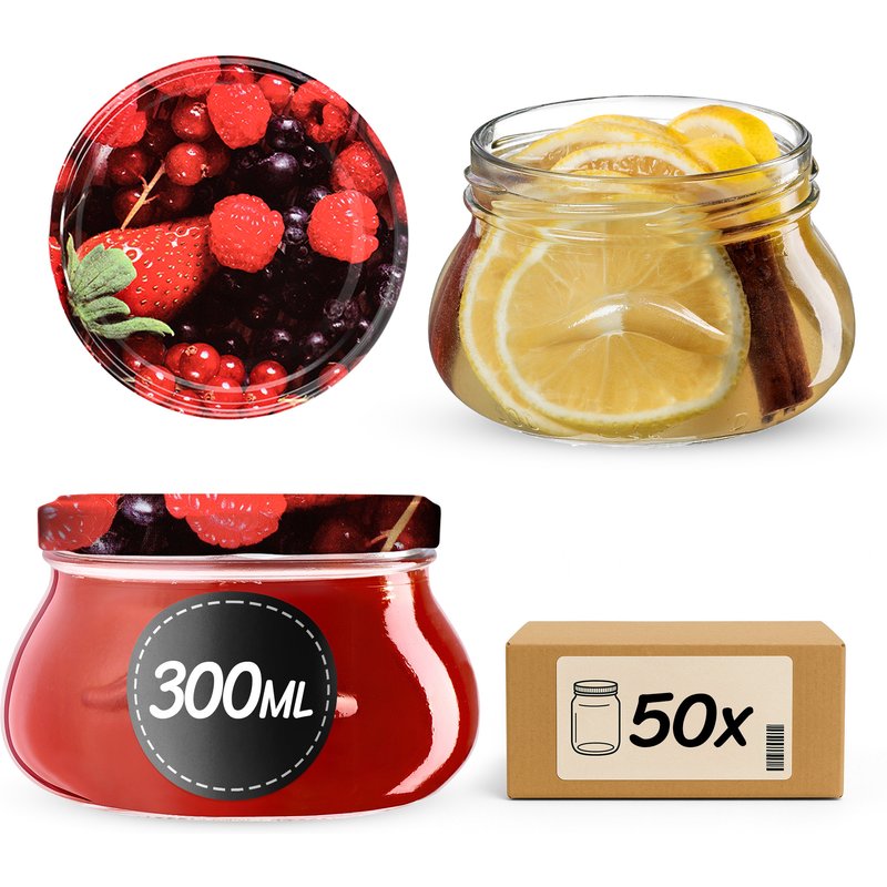 Słoiki na przetwory Raja 300ml 50szt fi 82 mm + wieczka "Owoce leśne"