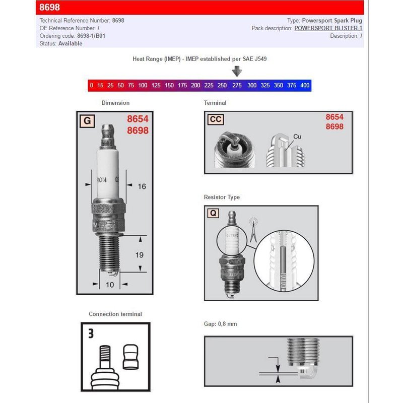 8698/T10 - Champion Spark Plug For Buell 1125 CR 2009