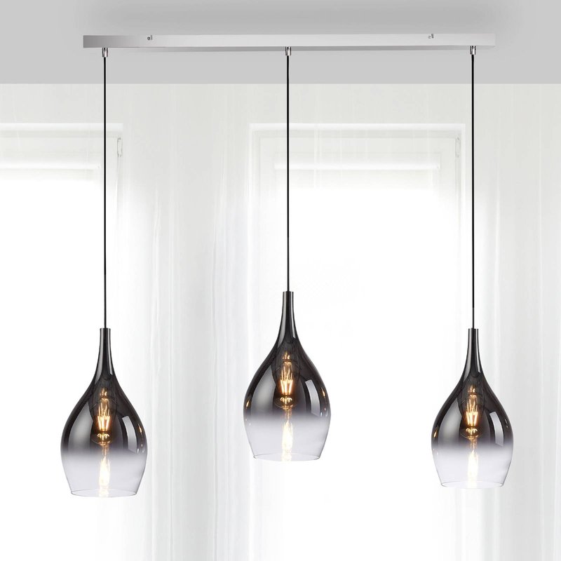 Paul Neuhaus Suspension Pilua, fumée, verre, 100 cm, 3 lampes