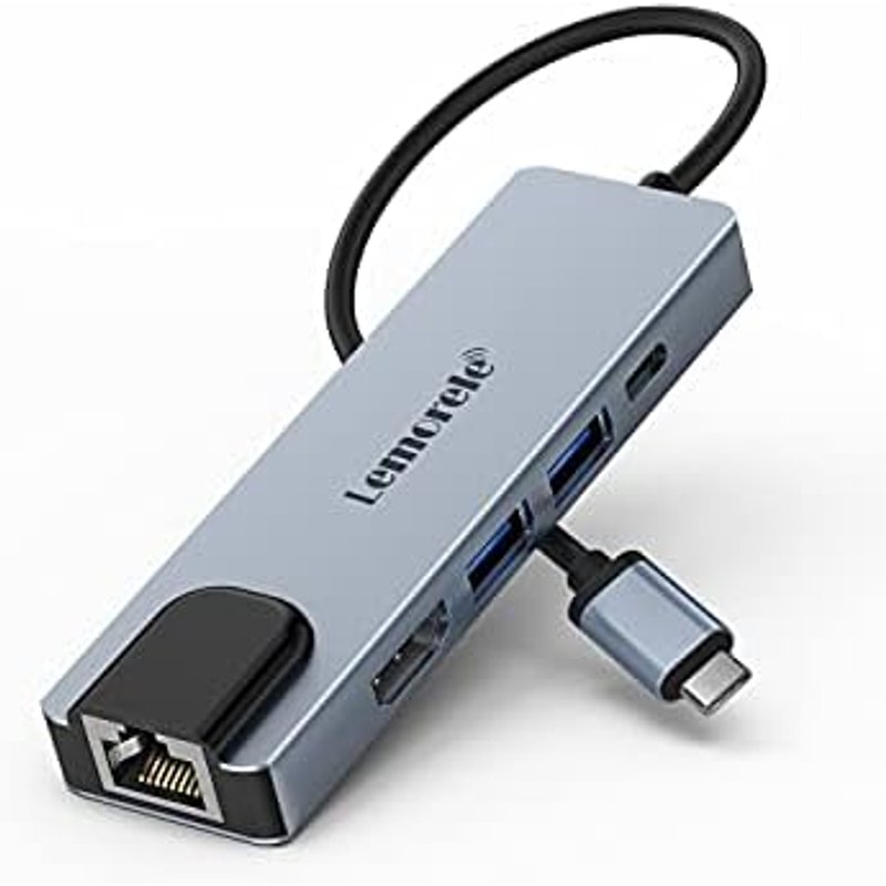 Lemorele 6-in-1 USB C Hub with 4K HDMI, Ethernet, 2 USB Ports, 100W PD Charging for MacBook Pro/Air M1, iPad Pro M1, Switch, Chromecast, PS4