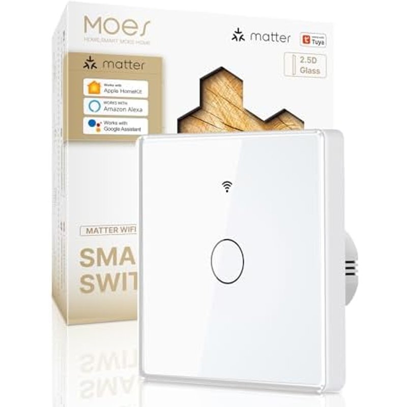 MOES Matter Smart Light Switch, Curved Glass Panel, 1 Gang