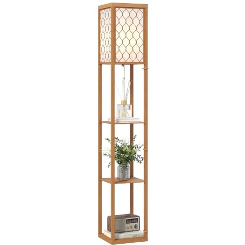 HOMCOM 3-Tier Floor Lamp with Shelves Standing Lamp Single Light Natural