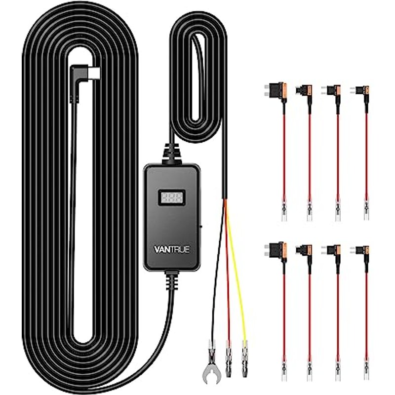 VANTRUE USB-C 3 Level Hardwire Kit, ACC cables and display for USB-C dash cam, 12V/24V to 5V, fuse holder with low voltage protection, 24-hour parking