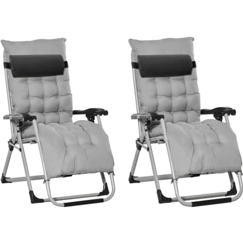 Outsunny Reclining Zero Gravity Chair Folding Metal Frame 2pcs Light Grey