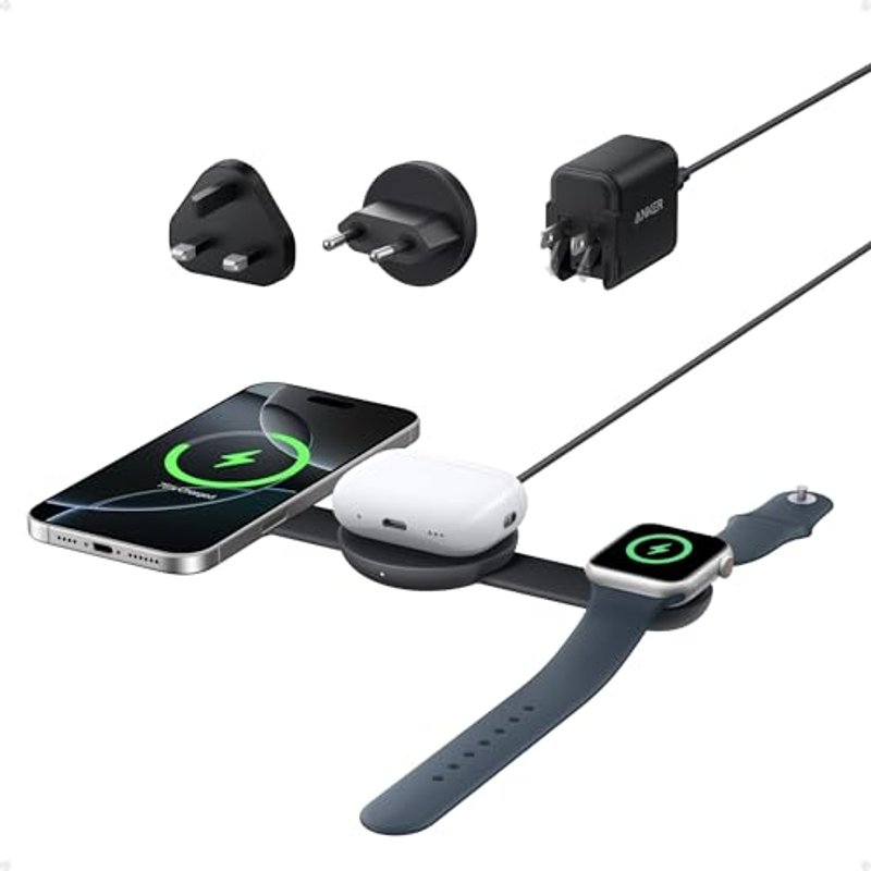 Anker MagSafe Compatible 3-in-1 Wireless Charging Station, Qi2 Certified 15W MagGo Charger, Foldable Travel Wireless Charging Pad for iPhone 17/16/15/