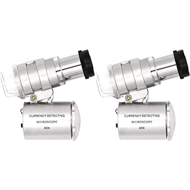 QiCheng&LYS Mini 60X Adjustable Pocket LED Microscope Magnifier Loupe Magnifying Glass with Currency Detection (Silver 2pcs)
