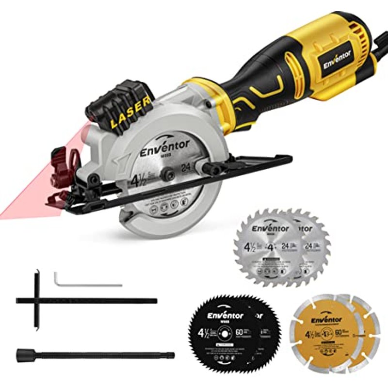 Enventor Mini Circular Saw, 705W 3500RPM Pure Copper Motor Compact Electric Circular Saw with Laser Guide, 6 Blades(115mm), Max Cutting Depth 42.8mm(9