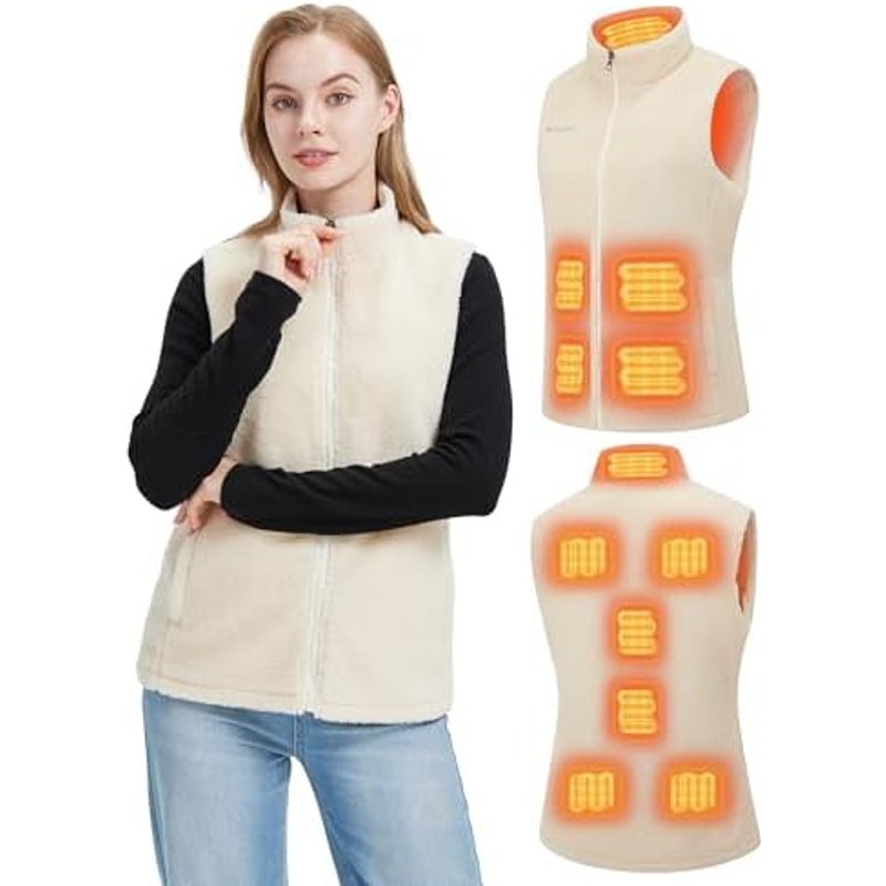 Gokozy Sherpa Fleece heated Gilet with 7.4V Battery,11 Heating Zones Ladies heated Vest Borg fleece heated body warmer for Women