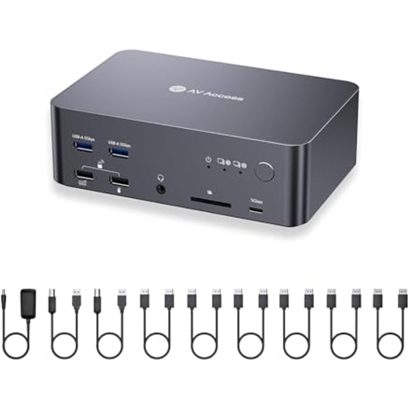 (Desktop only) AV Access KVM Switch 3 Monitors 2 Computers 8K@60Hz, with 6 DP Cables, DisplayPort 2.0, 1G Ethernet, USB 3.0, Docking Station Triple Mo