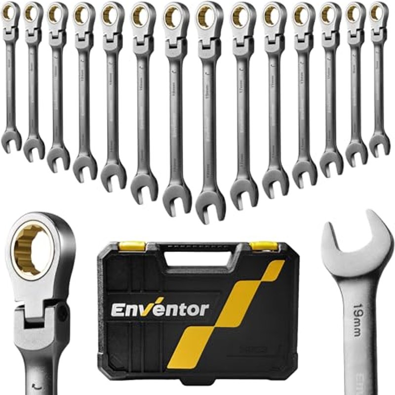 Enventor Ratchet Spanner Set- Metric, 14PCS 6-19mm, 72-Teeth, 5° Swing Arc