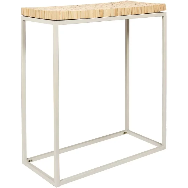 Console effet rondin de bois en métal et MDF - Blanc et beige.