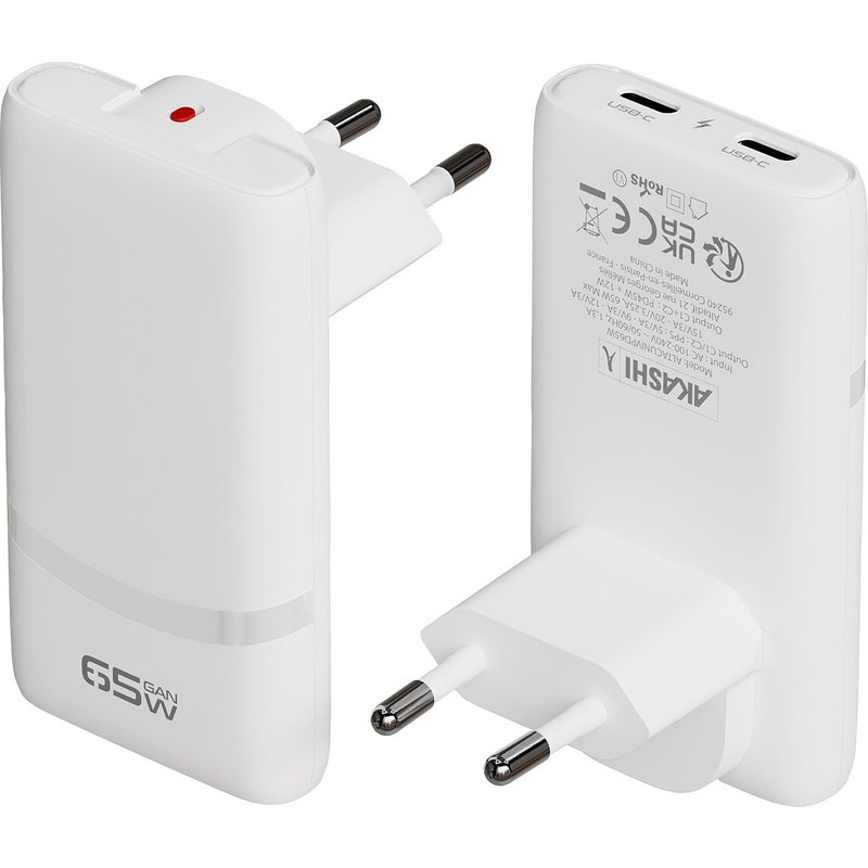 Akashi Chargeur Secteur GaN 65W Universel Double USB-C + 3 plugs 150 pays