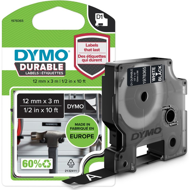 DYMO Authentic D1 Durable Labels | White Print on Black Tape | 12 mm x 3 m | Labelling Tape for LabelManager Label Makers. Label colour: White on black Product colour: Black Material: Vinyl. Tape width: 1.2 cm Tape length: 3 m Package type: Box