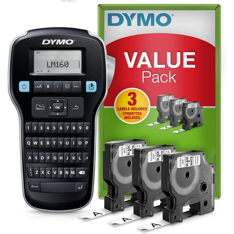 DYMO LabelManager 160 Label Maker Starter Kit with 3 rolls of D1 Label Tape | Handheld Label Printer Machine | QWERTY Keyboard | Ideal for Office or Home QWERTY D1 Thermal inkjet 180 x 180 DPI 12 mm/sec Black