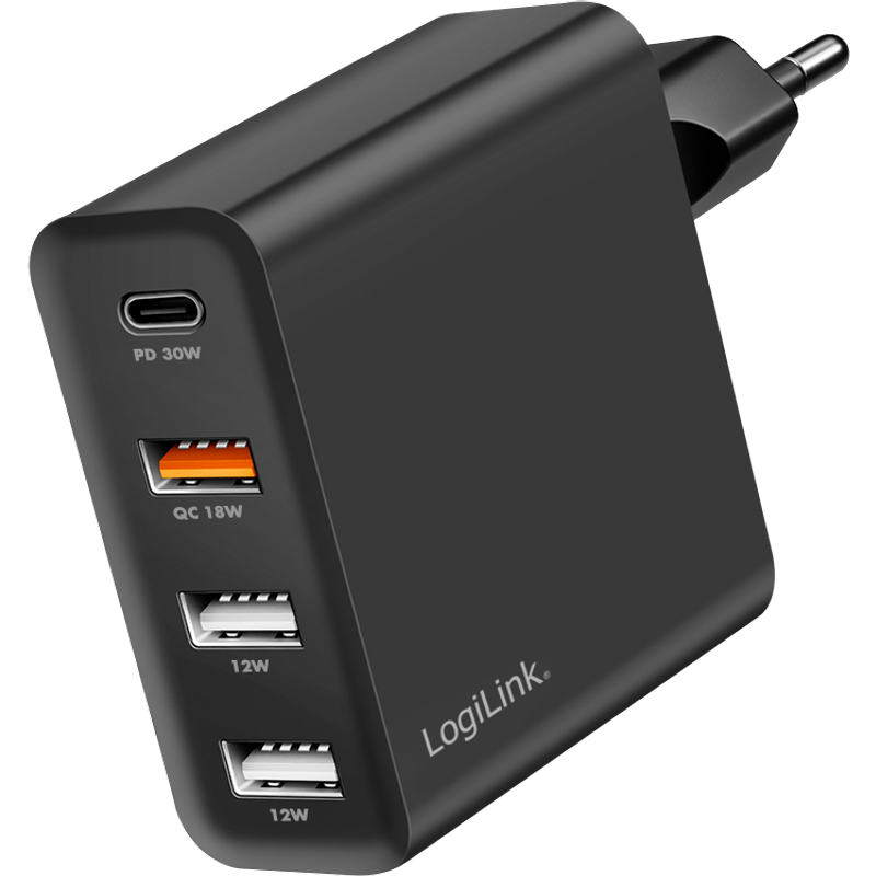 LogiLink USB-A/C charger. 48 W. GaN. 4-port. 3x USB-A (QC). 1x USB-C (