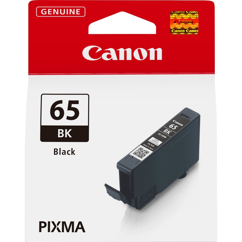 Canon CLI-65BK Black Ink Cartridge. Black ink type: Dye-based ink Black ink volume: 12.6 ml Supply type: Single pack Printing colours: Black Quantity per pack: 1 pc(s) Black ink page yield: 860 pages