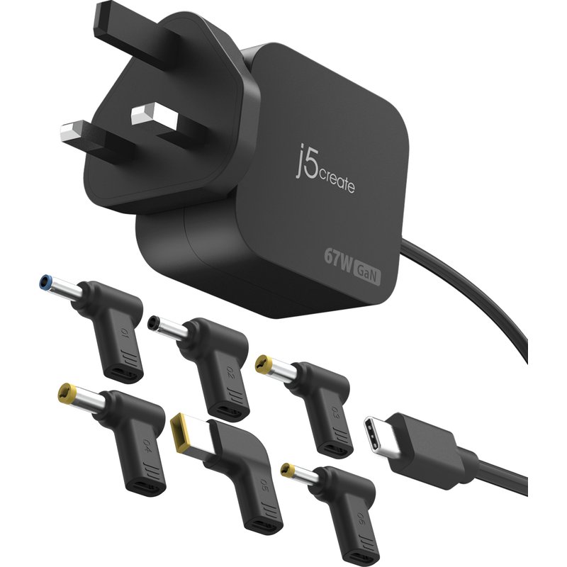 j5create JUP1565DC 67W GaN PD USB-C® Mini Charger with 6 Types of DC Connector-UK, Black