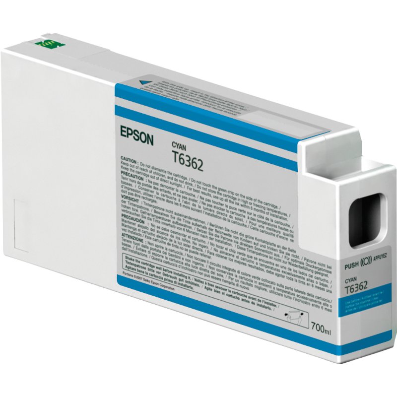 Epson Singlepack Cyan T636200 UltraChrome HDR 700 ml. Supply type: Single pack Colour ink volume: 700 ml Printing colours: Cyan Quantity per pack: 1 pc(s)