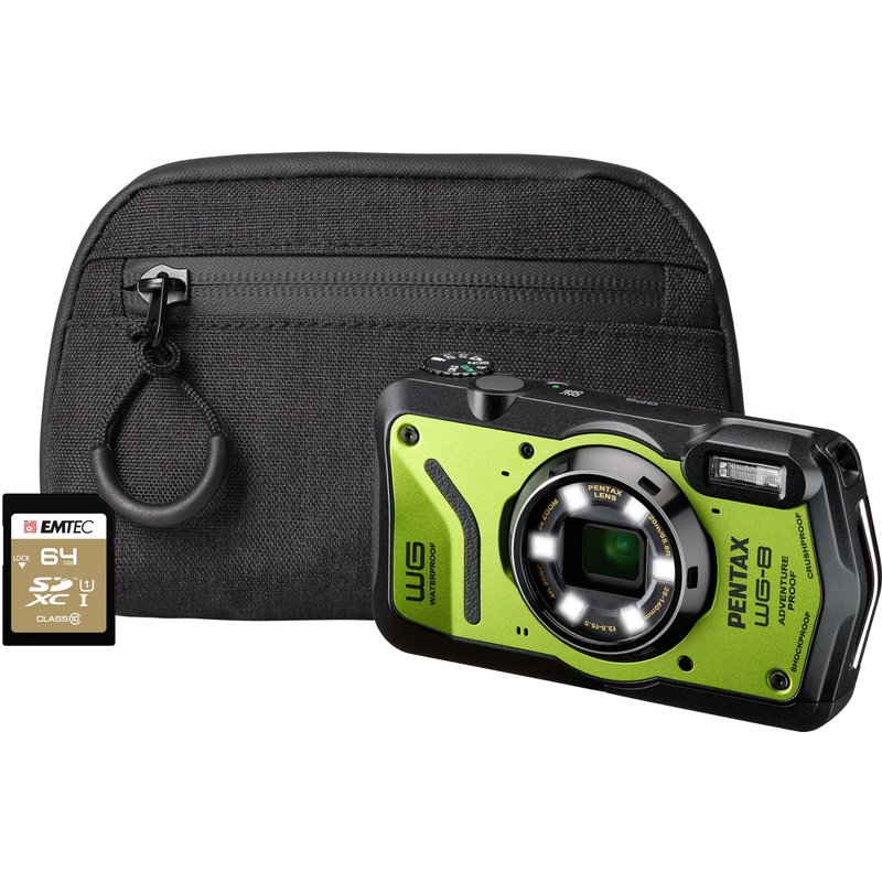 Pentax WG-8 20MP 5x Zoom Tough Compact Camera - Green - Camera + 64GB