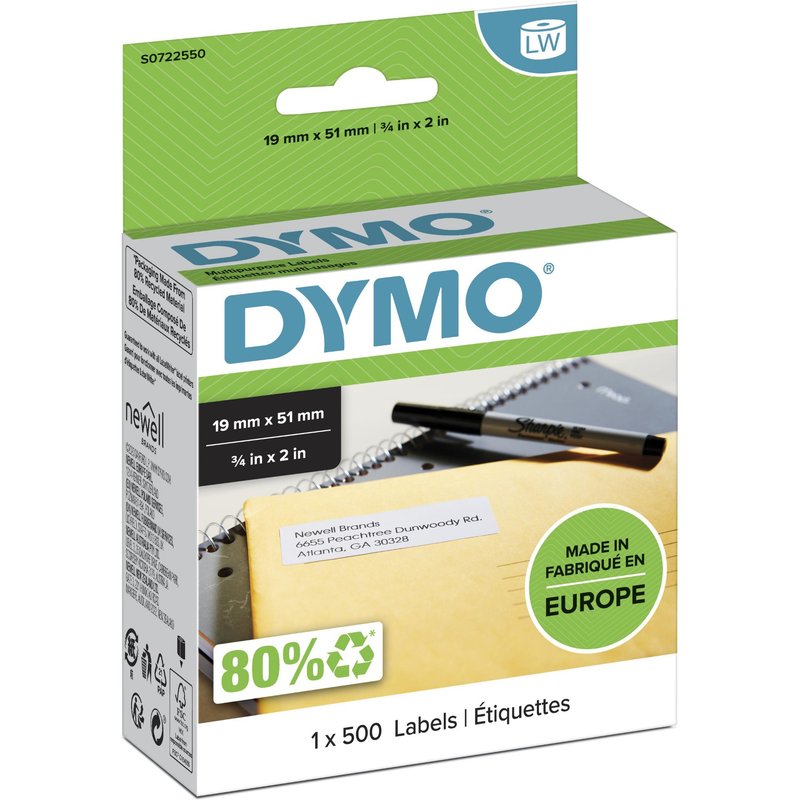 DYMO Authentic LabelWriter Small Multi-Purpose Labels | 19 mm x 51 mm | Self-Adhesive | Roll of 500 | Easy-Peel Labels | for LabelWriter Label Makers | Made in Europe White Self-adhesive printer label Paper Removable Rectangle LabelWriter