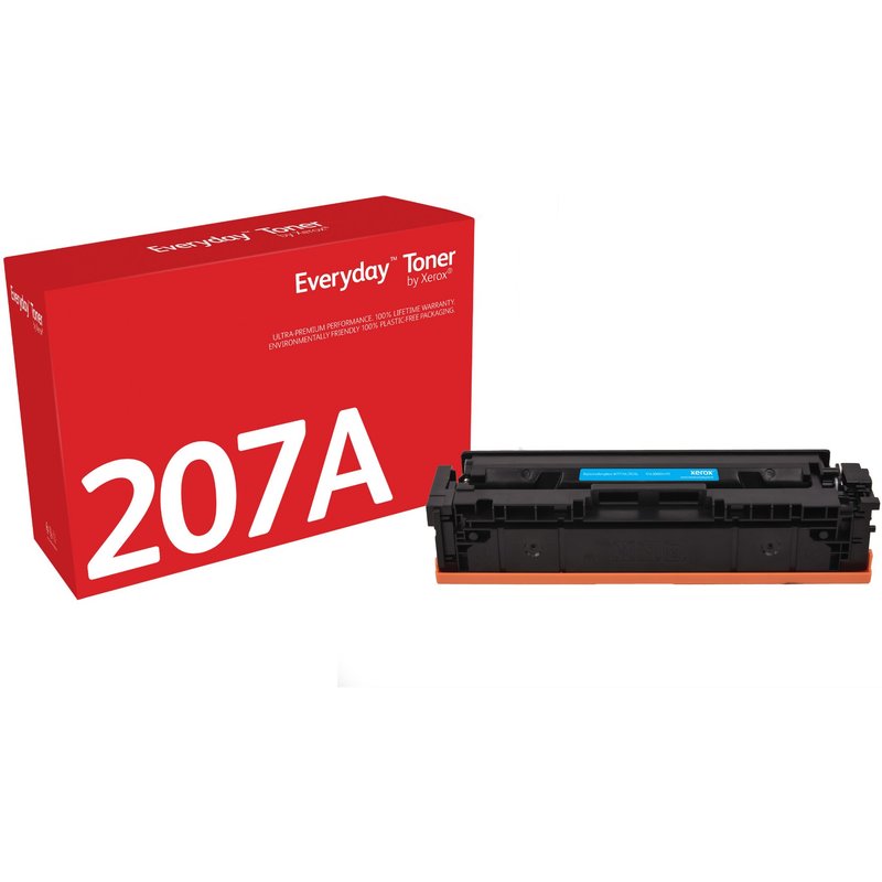 Everyday Cyan Toner by compatible with HP 207A (W2211A) Standard capacity. Black toner page yield: 1250 pages Colour toner page yield: 1250 pages Printing colours: Cyan Quantity per pack: 1 pc(s)