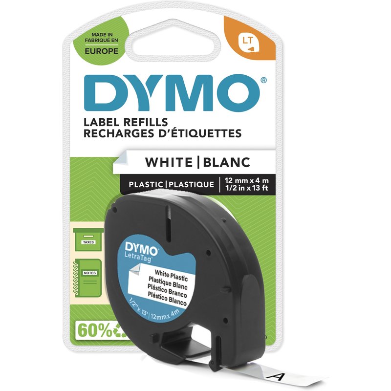 DYMO Branded LetraTag Plastic Labels | 12 mm x 4 m Roll | Black Print on White Labels | MultipurposeSelf-Adhesive Labels for LetraTag Label Makers | 1 Count Polyester Belgium 4 m 1 pc(s) 22 mm 96 mm