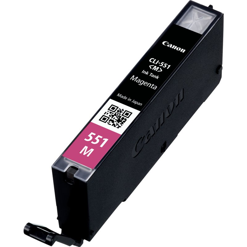 Canon CLI-551M Magenta Ink Cartridge. Colour ink type: Dye-based ink Cartridge capacity: Standard Yield Colour ink page yield: 298 pages Printing colours: Photo magenta Quantity per pack: 1 pc(s)