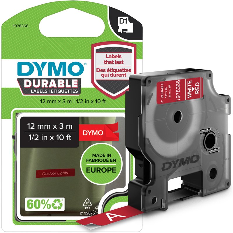 DYMO Authentic D1 Durable Labels | Black Print on Red Tape | 12 mm x 3 m | Labelling Tape for LabelManager Label Makers. Label colour: White on red Product colour: Black Material: Vinyl. Tape width: 1.2 cm Tape length: 3 m Package type: Box
