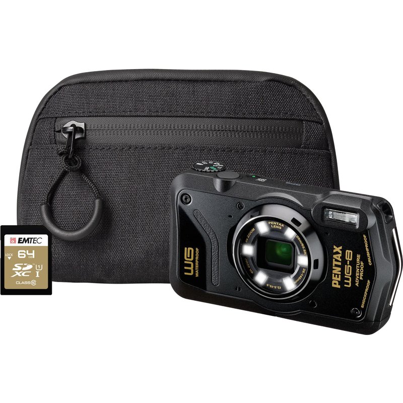 Pentax WG-8 20MP 5x Zoom Tough Compact Camera - Black - Camera + 64GB