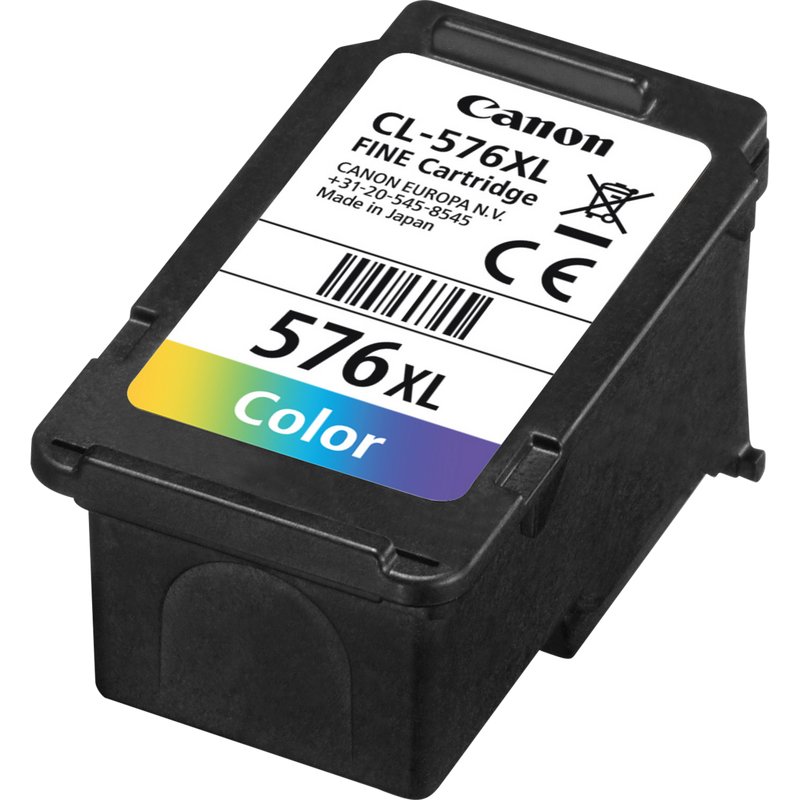 Canon CL-576XL. Cartridge capacity: High (XL) Yield Supply type: Single pack Colour ink page yield: 300 pages Colour ink volume: 12.6 ml Printing colours: Magenta Yellow Cyan Quantity per pack: 1 pc(s)