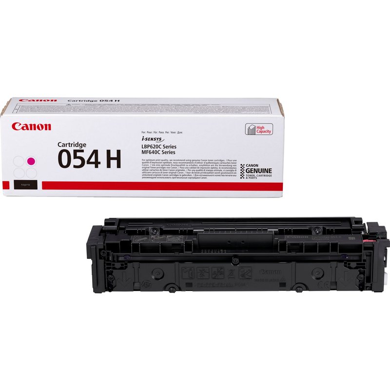 Canon 054 H High Yield Toner Cartridge Magenta. Colour toner page yield: 2300 pages Printing colours: Magenta Quantity per pack: 1 pc(s)