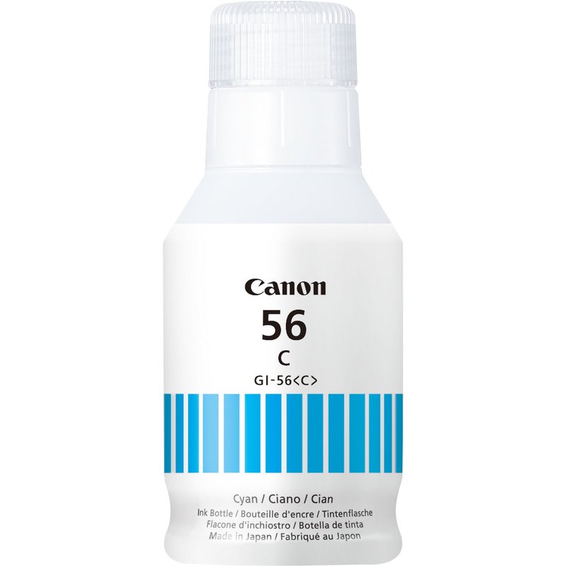 Canon GI-56C Cyan Ink Bottle. Type: Original Printing colours: Cyan Brand compatibility: Canon. Quantity per pack: 1 pc(s) Package width: 170 mm Package depth: 60 mm