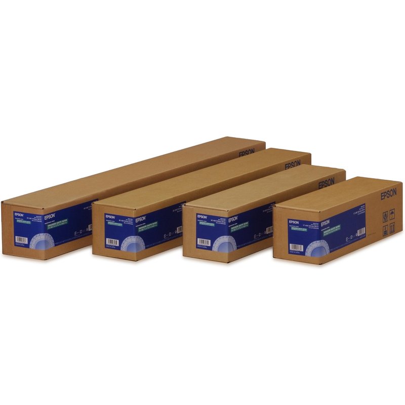 Epson Enhanced Matte Paper 44" x 305 m 189g/m2. Roll length: 30.5 m Roll width: 111.8 cm Size (imperial): 111.8 cm (44") Finish type: Matt Printing media thickness: 265 m Print media weight: 189 g/m