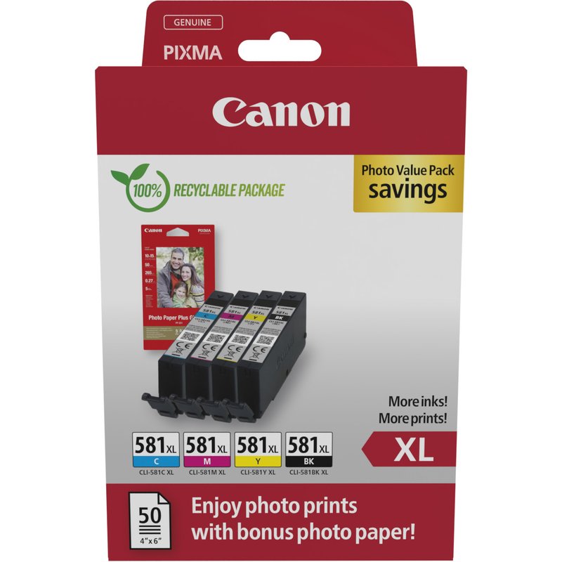 Canon 2052C006. Cartridge capacity: High (XL) Yield Black ink volume: 8.3 ml Supply type: Photo value pack Colour ink volume: 8.3 ml Printing colours: Black Cyan Magenta Yellow Quantity per pack: 4 pc(s)