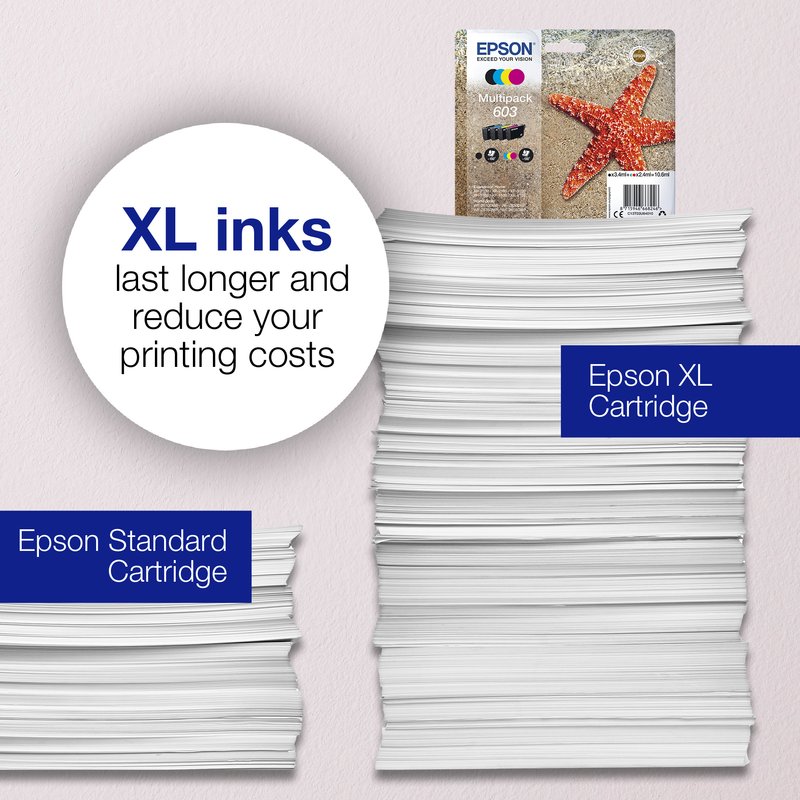 Epson Multipack 4-colours 603XL Ink. Cartridge capacity: High (L) Yield Black ink volume: 8.9 ml Supply type: Multi pack Colour ink volume: 4 ml Printing colours: Black Cyan Magenta Yellow Quantity per pack: 1 pc(s)
