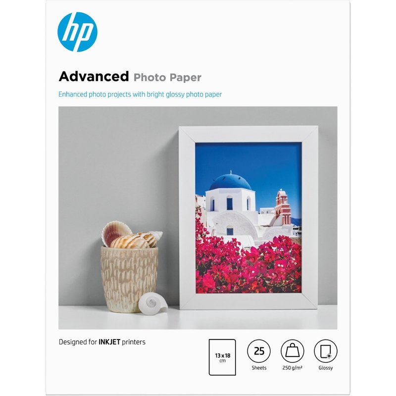 HP Advanced Photo Paper Glossy 250 g/m2 13 x 18 cm (127 x 178 mm) 25 sheets Gloss Inkjet 13x18 cm 25 sheets Works with inkjet printers optimized for Original HP Ink Business