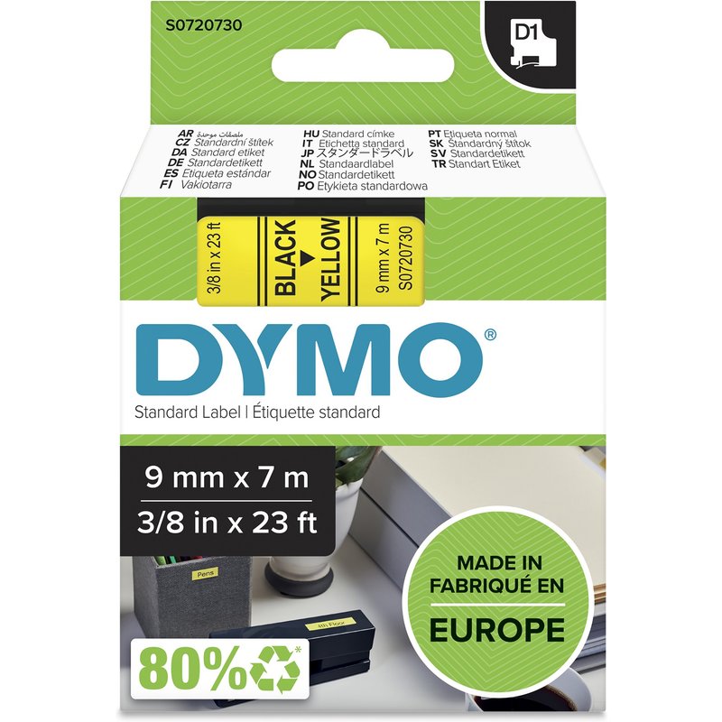 DYMO Authentic D1 Labels | Black Print on Yellow Tape | 9 mm x 7 m | Self-Adhesive Labels for LabelManager Label Makers | Made in Europe