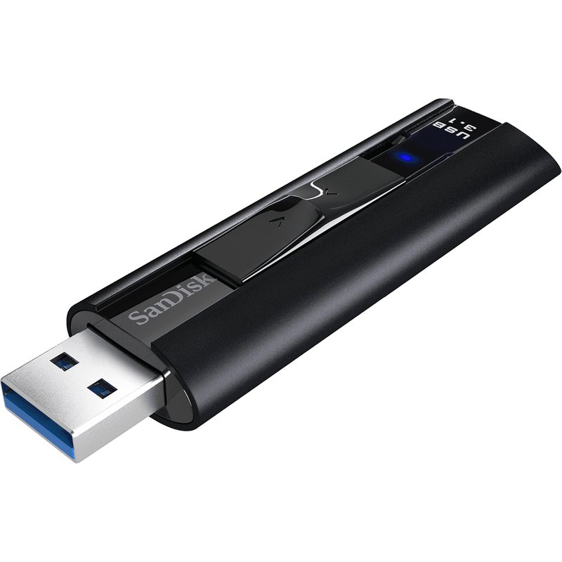 Sandisk Extreme Pro. Capacity: 128 GB Device interface: USB Type-A USB version: 3.2 Gen 1 (3.1 Gen 1) Read speed: 420 MB/s Write speed: 380 MB/s. Form factor: Slide. Password protection. Weight: 17 g. Product colour: Black