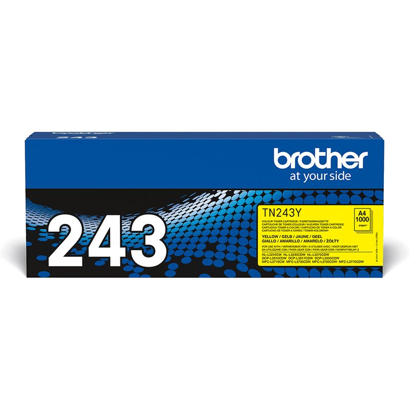Brother TN-243Y. Colour toner page yield: 1000 pages Printing colours: Yellow Quantity per pack: 1 pc(s)